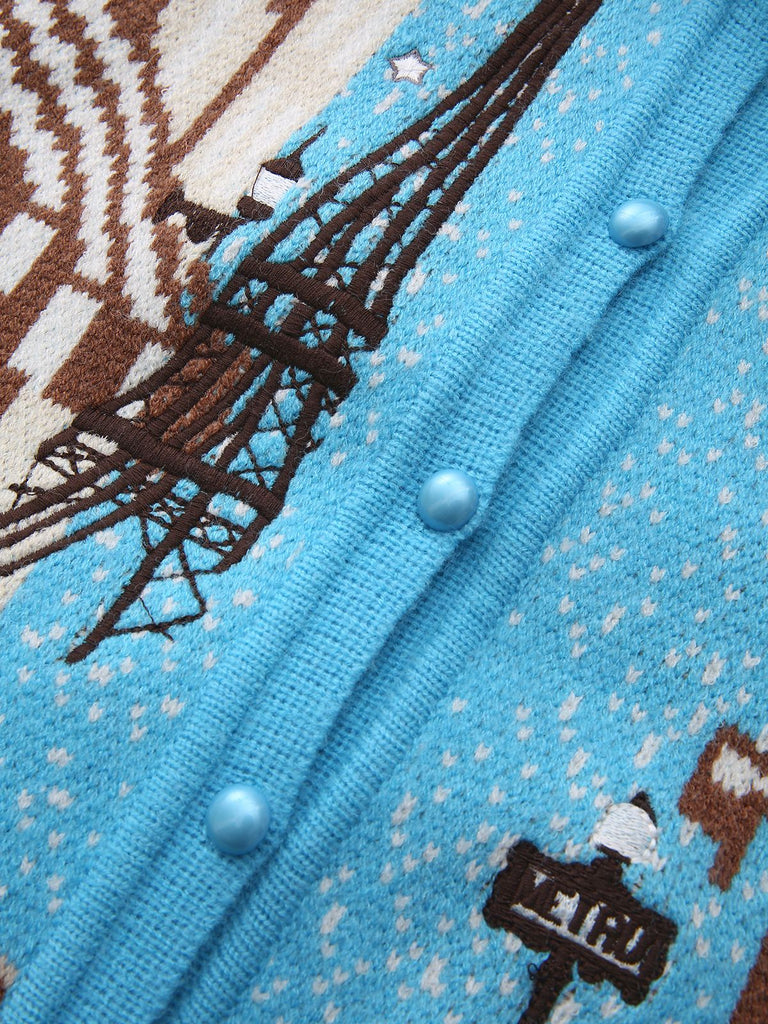 Blue 1970s Landscape Print Lapel Knit Cardigan Sweater - vintage fashion, retro style