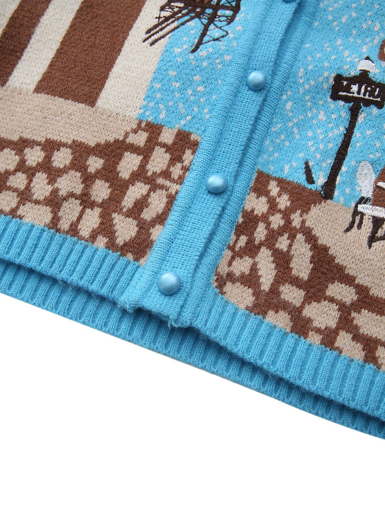 Blue 1970s Landscape Print Lapel Knit Cardigan Sweater - vintage fashion, retro style