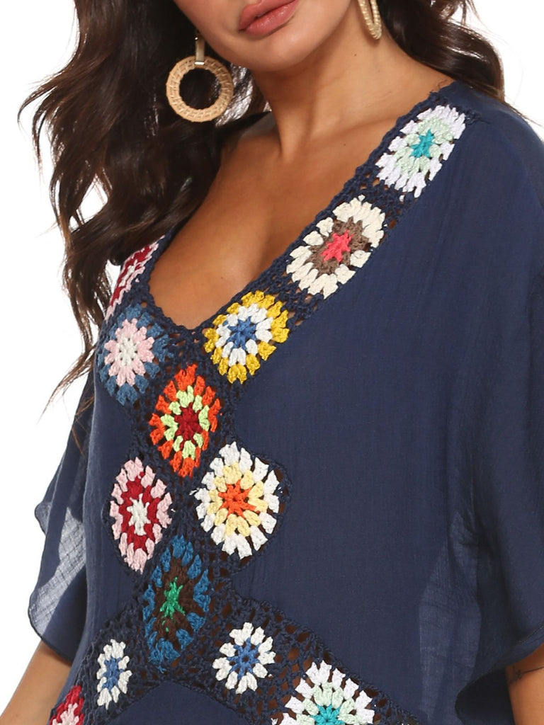 Navy Blue 1970s Boho Crochet Granny Square Cover-up, vintage fashion, retro style - perfect for women who love vintage and retro fashion