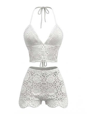 1970s Boho Crochet Halter Tie Shorts Cover-Up Set - bohemian cover up, beach wear for vintage lovers