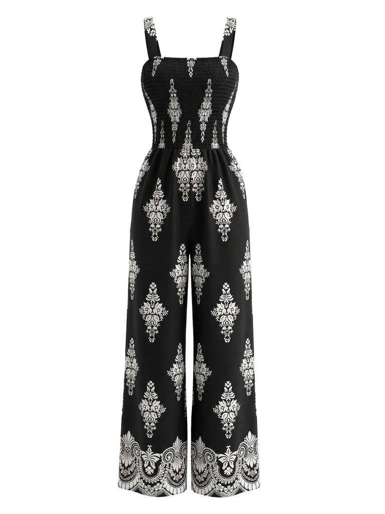 1970s Boho Floral Print Smocked Wide Leg Jumpsuit, vintage romper, retro jumpsuit - perfect for women who love vintage and retro fashion