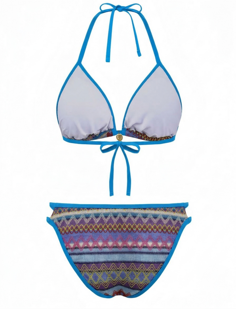 1970s Boho Geometric Knit Halter Bikini Set - vintage fashion, retro style