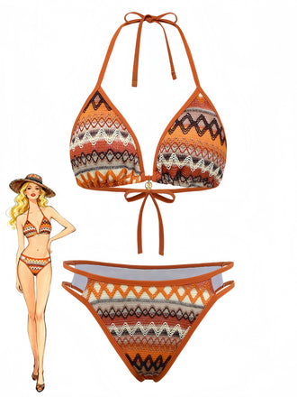 1970s Boho Geometric Knit Halter Bikini Set - vintage swimwear, retro swimsuit, pin-up style for vintage lovers
