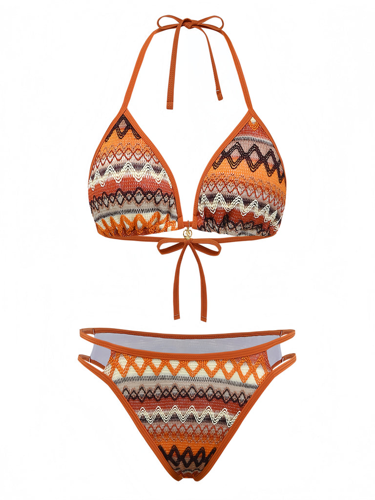 1970s Boho Geometric Knit Halter Bikini Set: beautiful vintage swimwear, retro swimsuit, pin-up style with timeless appeal