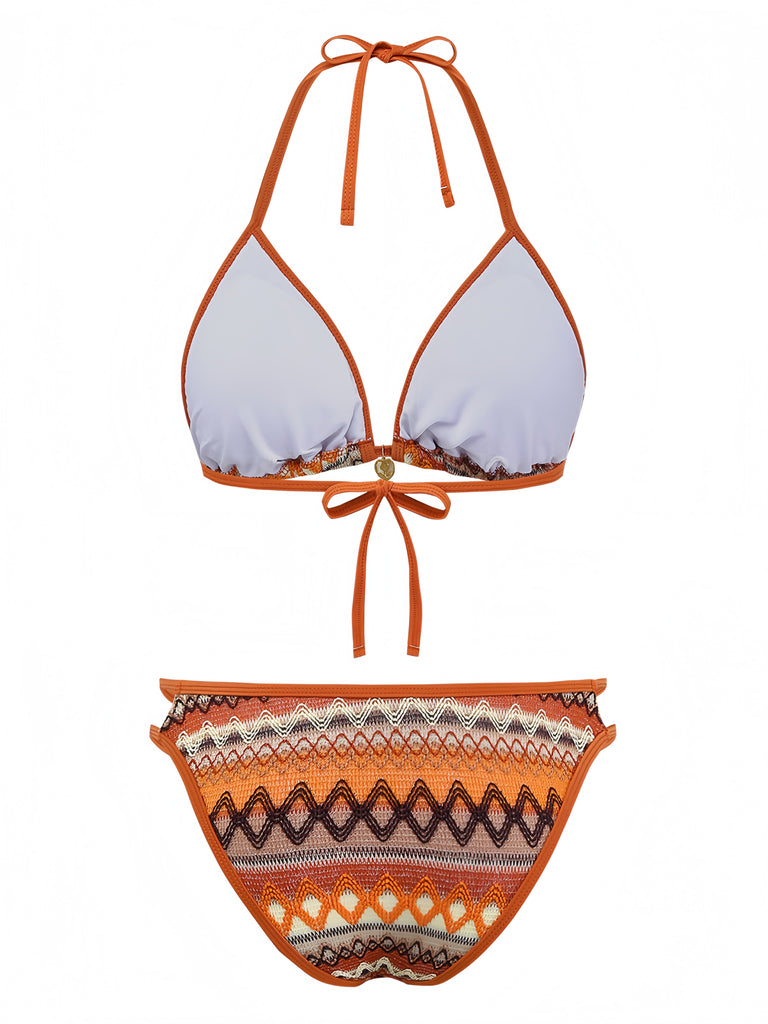 1970s Boho Geometric Knit Halter Bikini Set | vintage swimwear, retro swimsuit, pin-up style - perfect for retro fashion enthusiasts