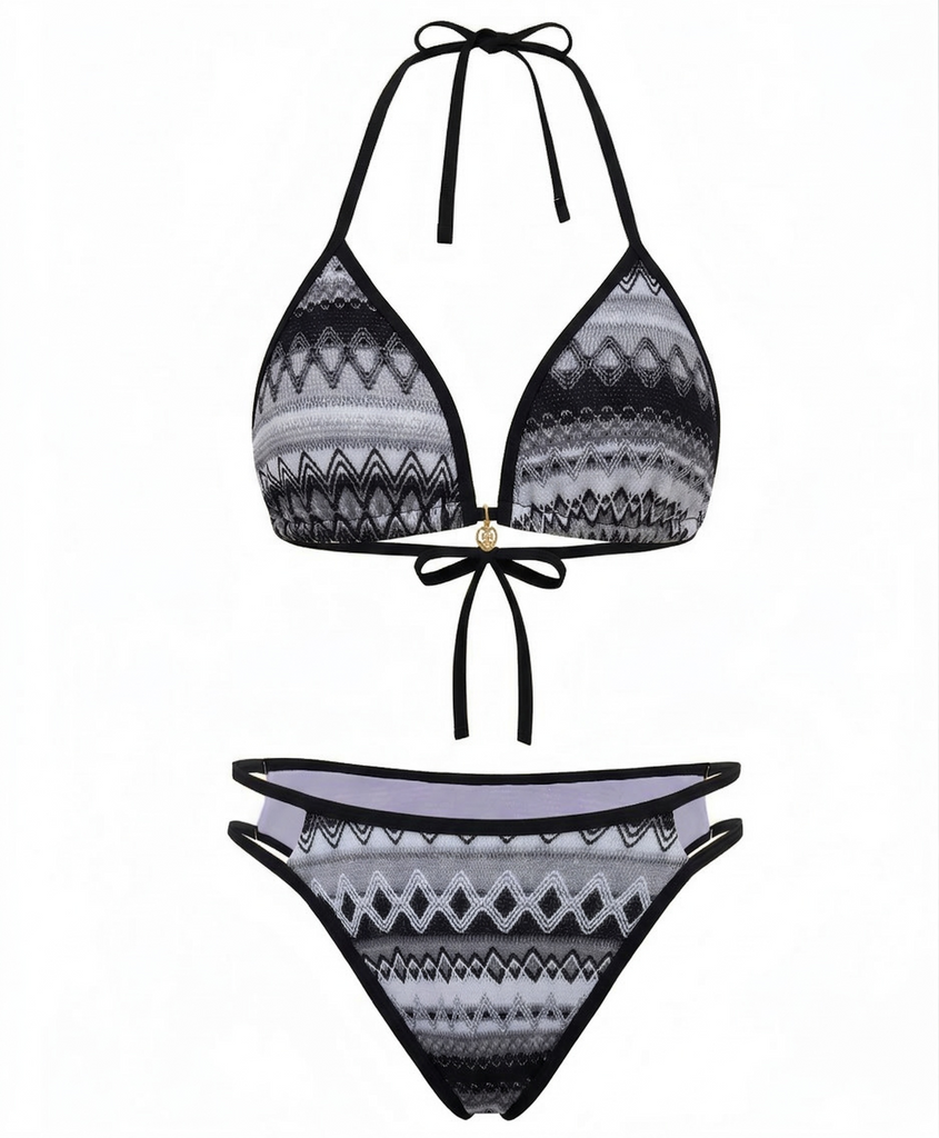 1970s Boho Geometric Knit Halter Bikini Set - vintage fashion, retro style