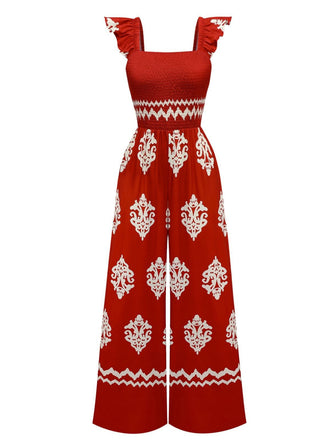 1970s Boho Geometric Print Square Neck Jumpsuit - vintage jumpsuit, retro fashion