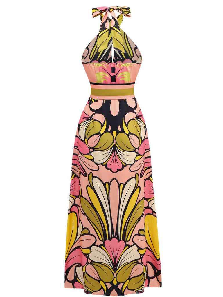 1970s Boho Halter Floral Belted Backless Dress - vintage dress, retro fashion