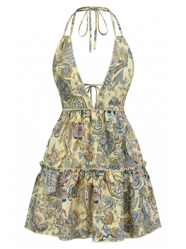 1970s-Boho-Paisley-Halter-Deep-V-Backless-Mini-Dress, vintage, retro, dress