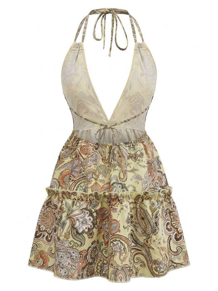 1970s-Boho-Paisley-Halter-Deep-V-Backless-Mini-Dress, vintage, retro, dress