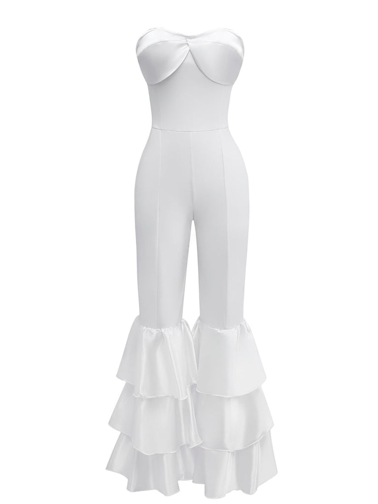 1970s Boho Strapless Solid Pleated Ruffle Jumpsuit - vintage jumpsuit, retro fashion
