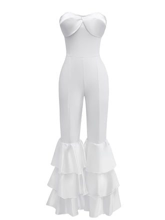 1970s Boho Strapless Solid Pleated Ruffle Jumpsuit - vintage jumpsuit, retro fashion