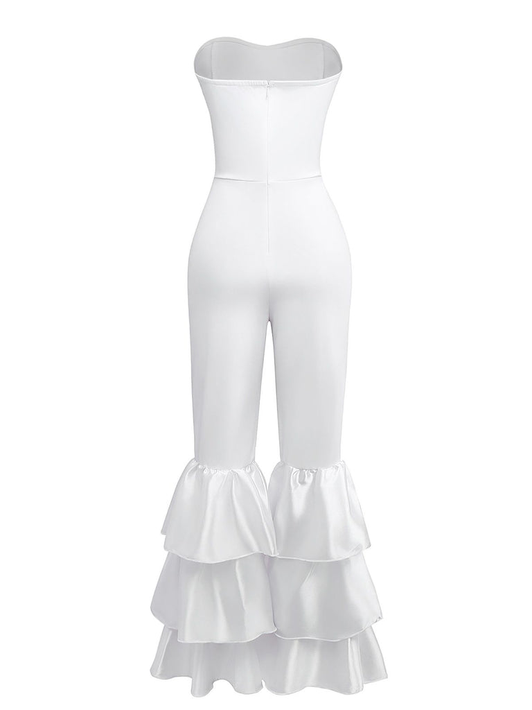 1970s Boho Strapless Solid Pleated Ruffle Jumpsuit - vintage jumpsuit, retro fashion