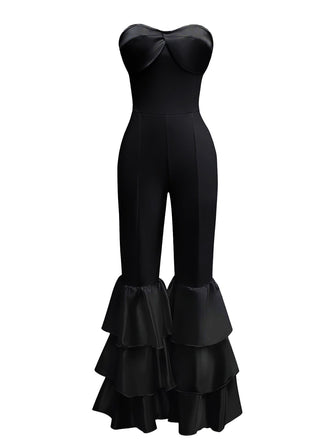 1970s Boho Strapless Solid Pleated Ruffle Jumpsuit - vintage jumpsuit, retro fashion