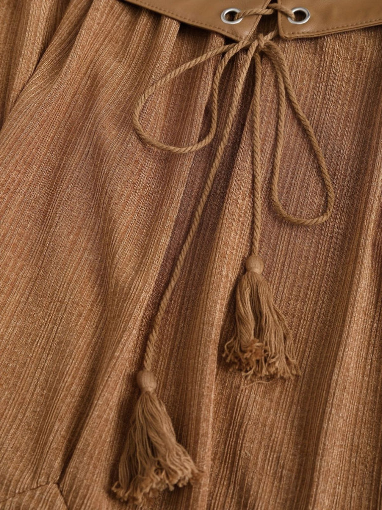 1970s Boho Tie Tassel Hem Ruffle Ribbed Dress - vintage dress, retro fashion