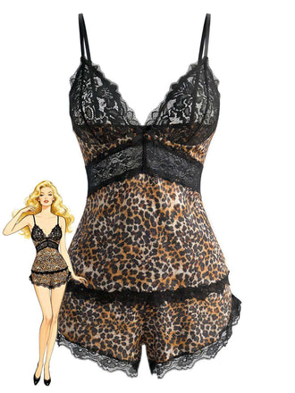 Brown 1970s Leopard Lace Spaghetti Strap Pajama Set - vintage fashion, retro style
