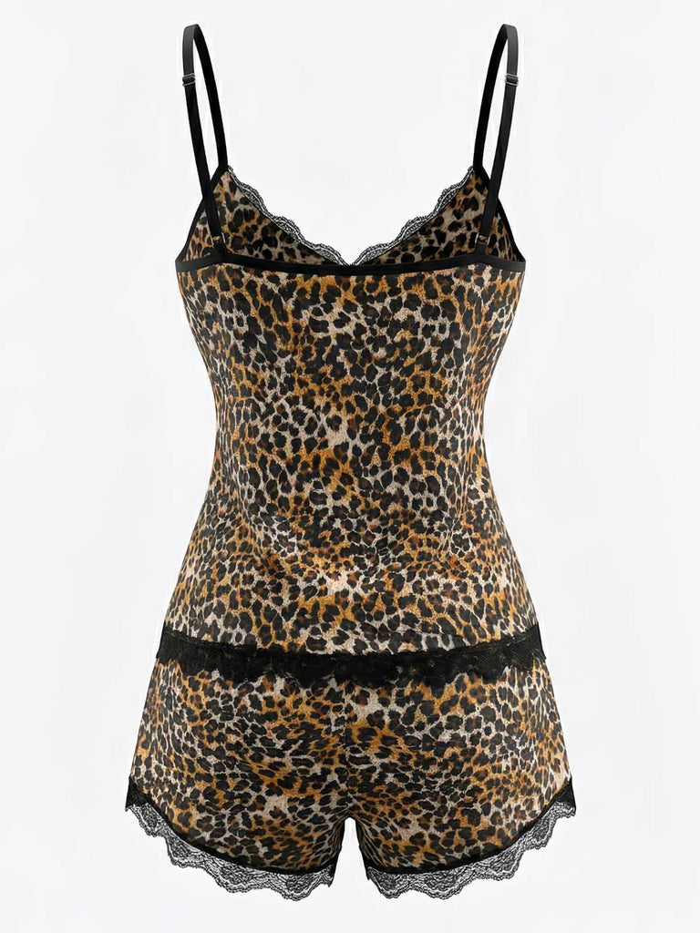 Brown 1970s Leopard Lace Spaghetti Strap Pajama Set - vintage fashion, retro style