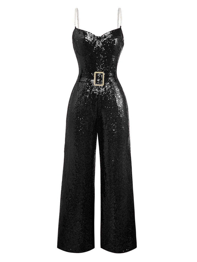 1970s Chain Strap Sequined Disco Jumpsuit - vintage jumpsuit, retro fashion