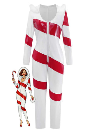 1970s Christmas Candy Cane Hooded Jumpsuit - vintage jumpsuit, retro fashion