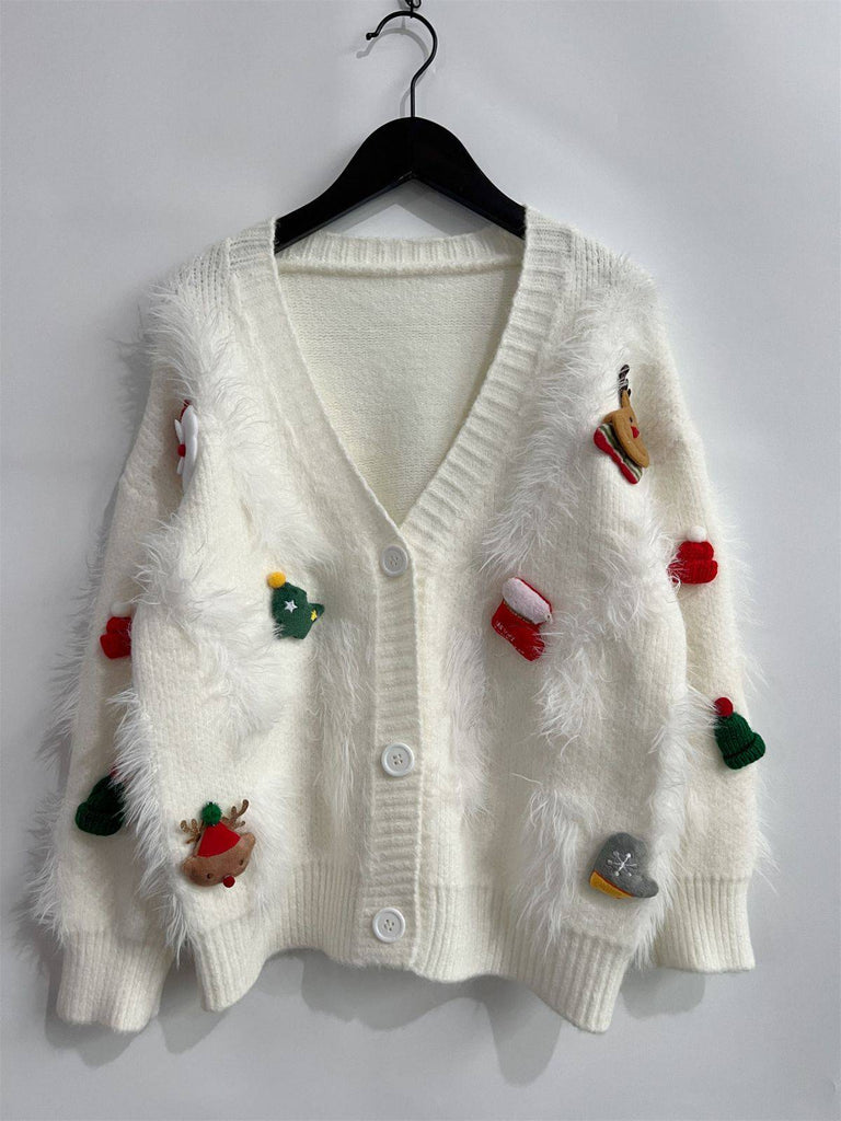 1970s 3D Christmas Print Fluffy Knit Button Cardigan - vintage fashion, retro style