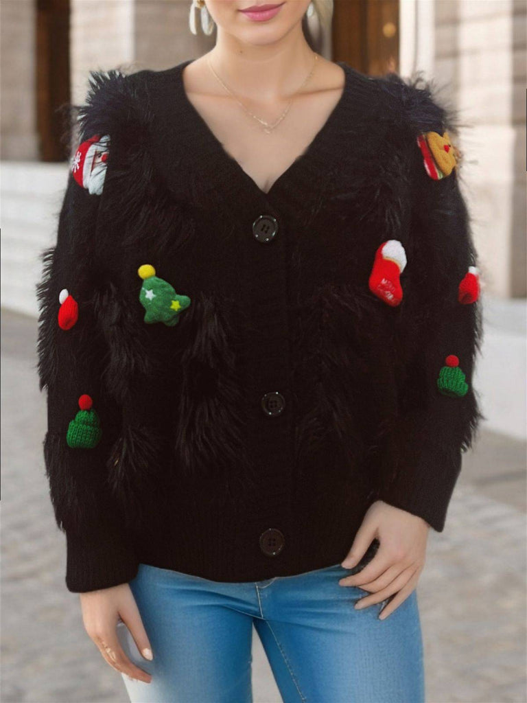 1970s 3D Christmas Print Fluffy Knit Button Cardigan - vintage fashion, retro style