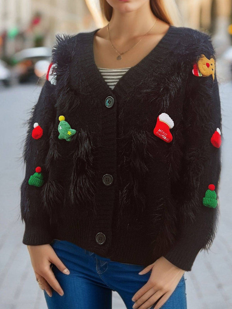 1970s 3D Christmas Print Fluffy Knit Button Cardigan - vintage fashion, retro style