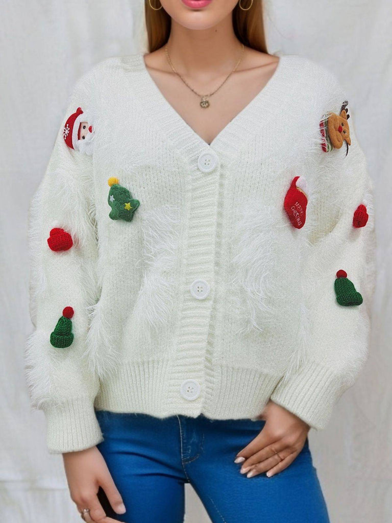1970s 3D Christmas Print Fluffy Knit Button Cardigan - vintage fashion, retro style
