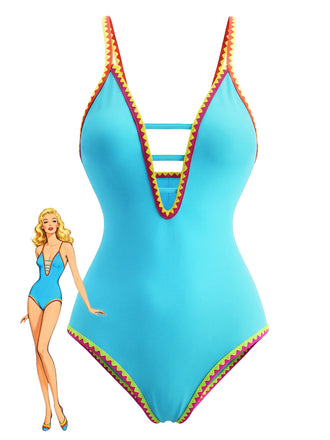 1970s Color Block Strap Cut-Out Swimsuit - vintage swimsuit, pin-up style