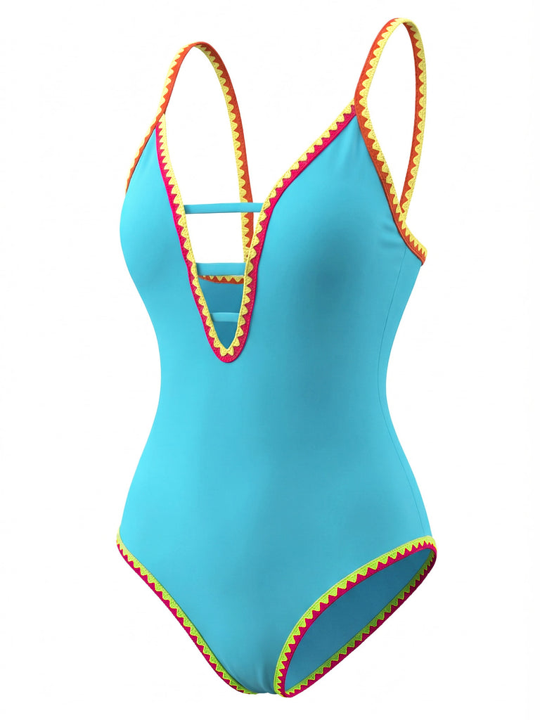 1970s Color Block Strap Cut-Out Swimsuit - vintage swimsuit, pin-up style