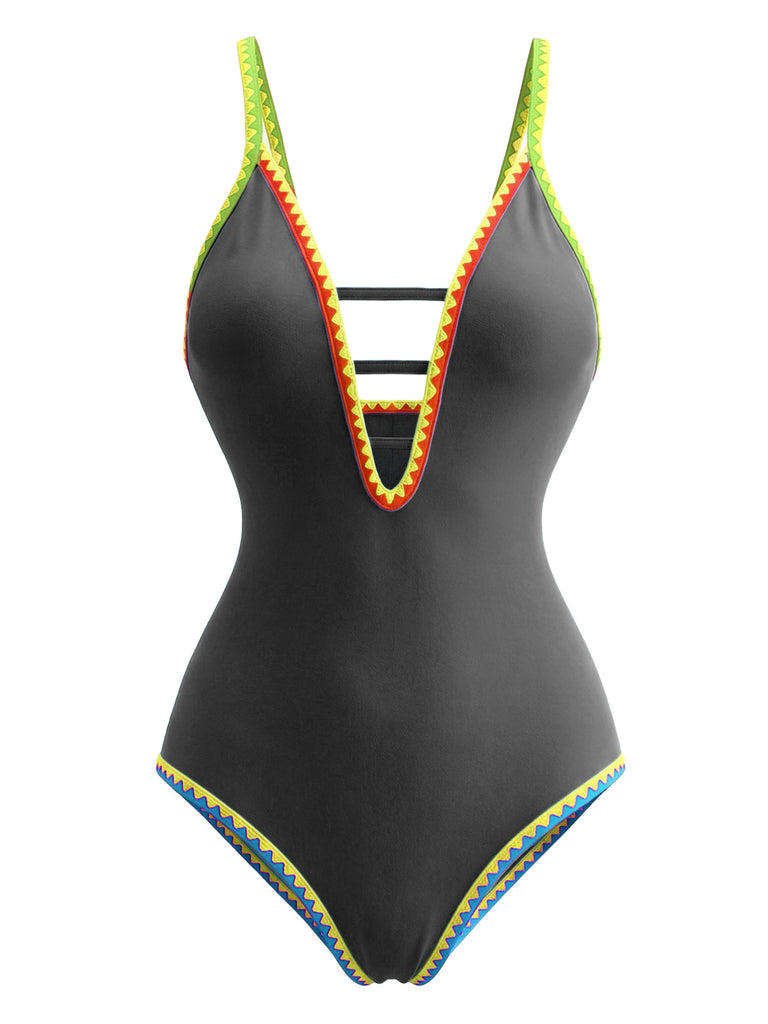 1970s Color Block Strap Cut-Out Swimsuit - vintage swimsuit, pin-up style
