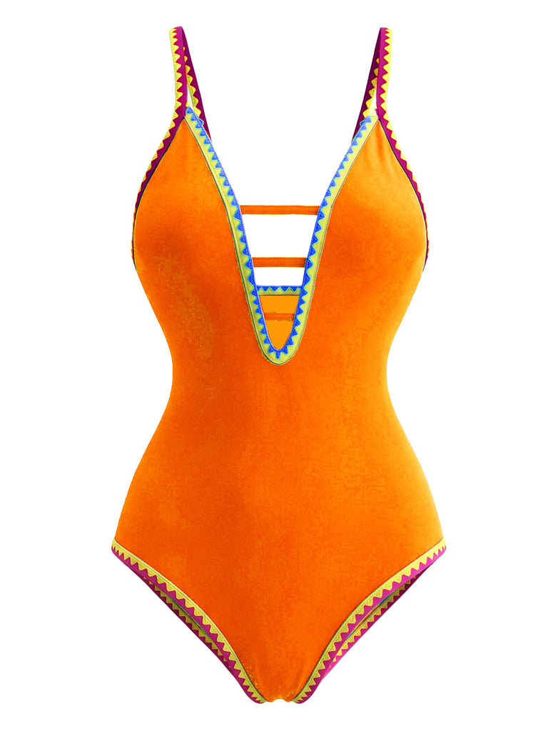 1970s Color Block Strap Cut-Out Swimsuit - vintage swimsuit, pin-up style