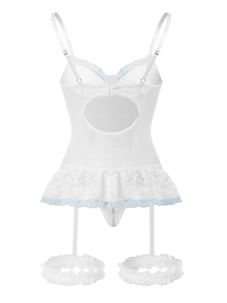 1970s Contrasted Lace Mesh Bow Lace-Up Lingerie Set - vintage fashion, retro style