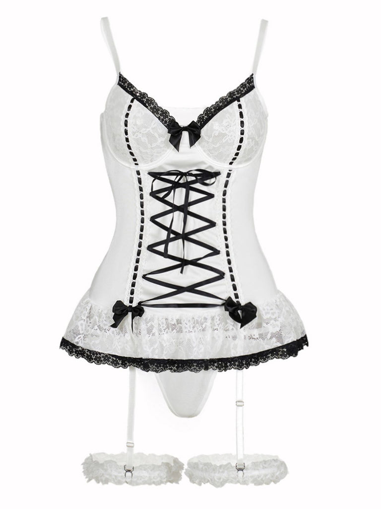 1970s Contrasted Lace Mesh Bow Lace-Up Lingerie Set - vintage fashion, retro style
