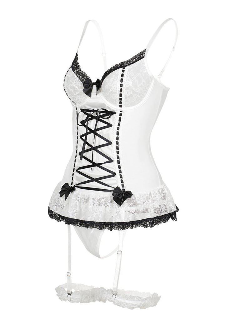 1970s Contrasted Lace Mesh Bow Lace-Up Lingerie Set - vintage fashion, retro style