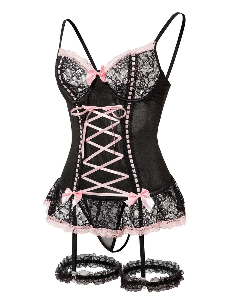 1970s Contrasted Lace Mesh Bow Lace-Up Lingerie Set - vintage fashion, retro style