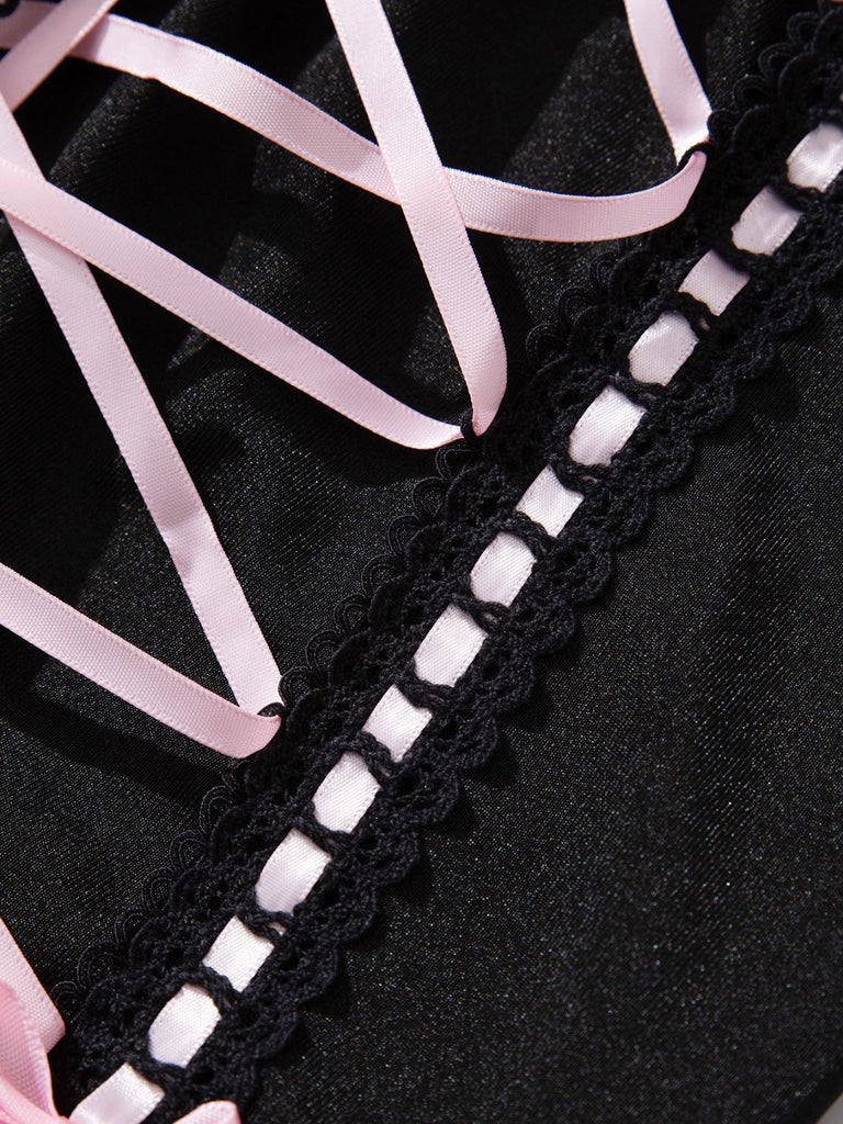1970s Contrasted Lace Mesh Bow Lace-Up Lingerie Set - vintage fashion, retro style