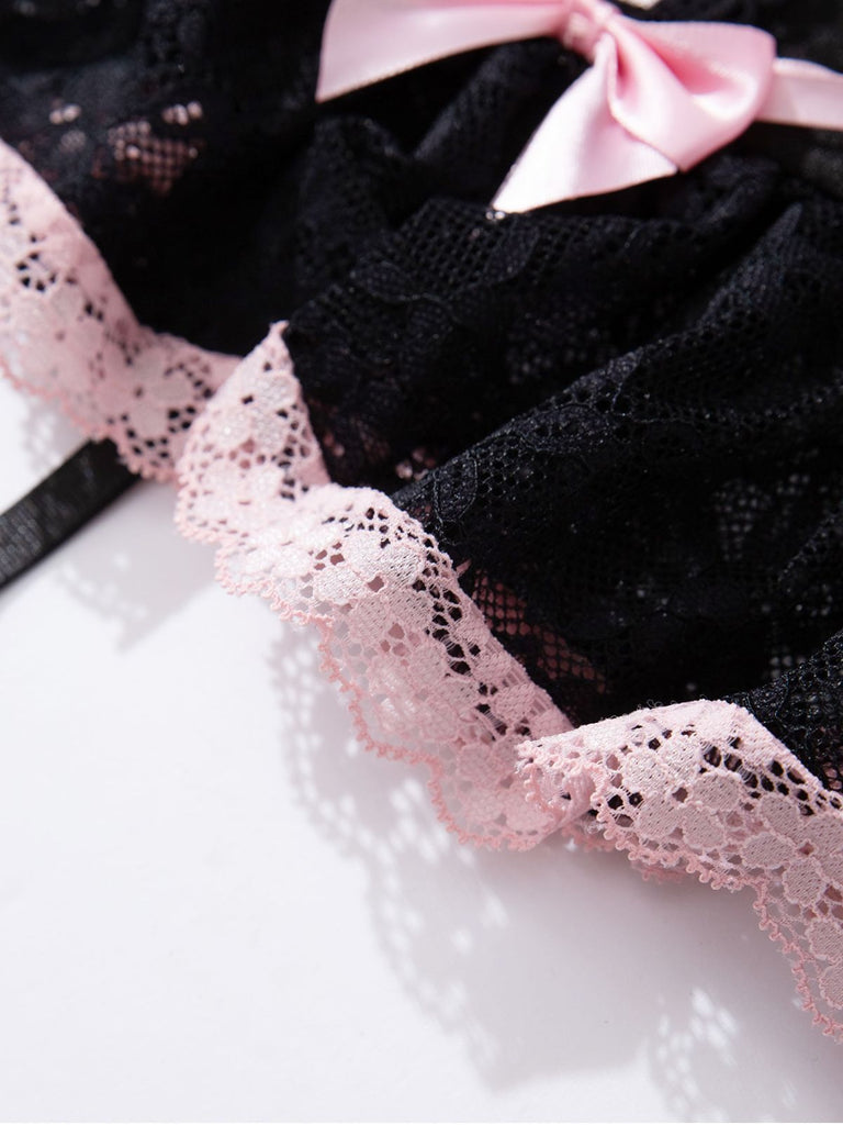 1970s Contrasted Lace Mesh Bow Lace-Up Lingerie Set - vintage fashion, retro style