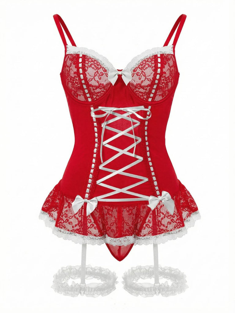1970s Contrasted Lace Mesh Bow Lace-Up Lingerie Set - vintage fashion, retro style