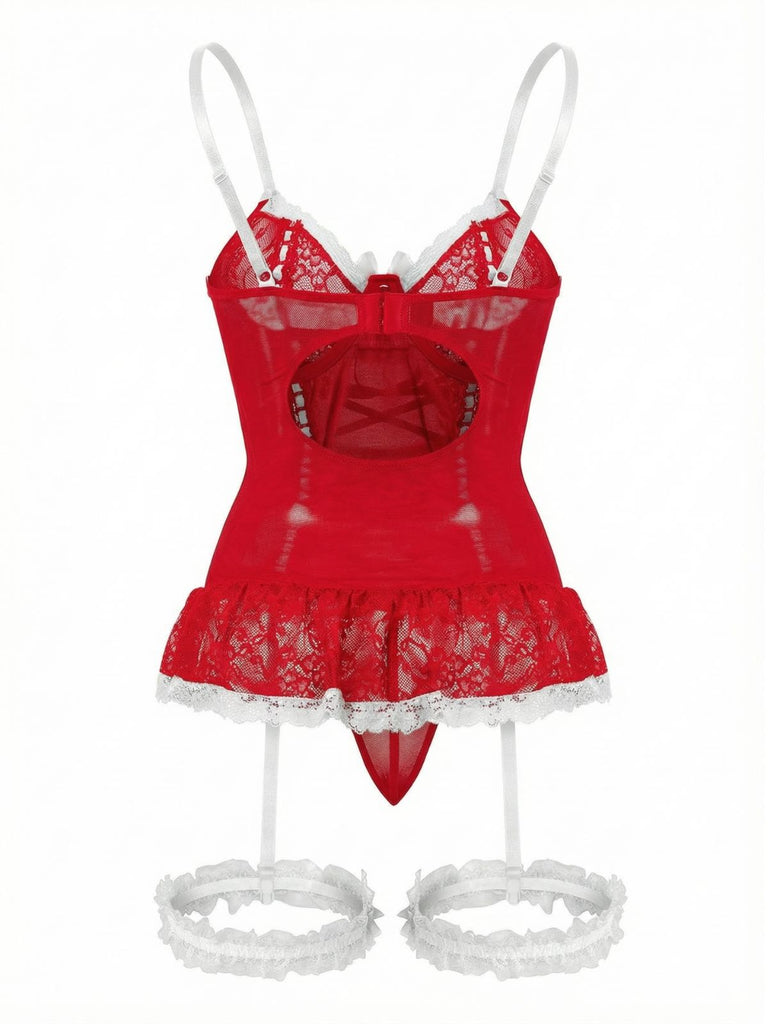 1970s Contrasted Lace Mesh Bow Lace-Up Lingerie Set - vintage fashion, retro style