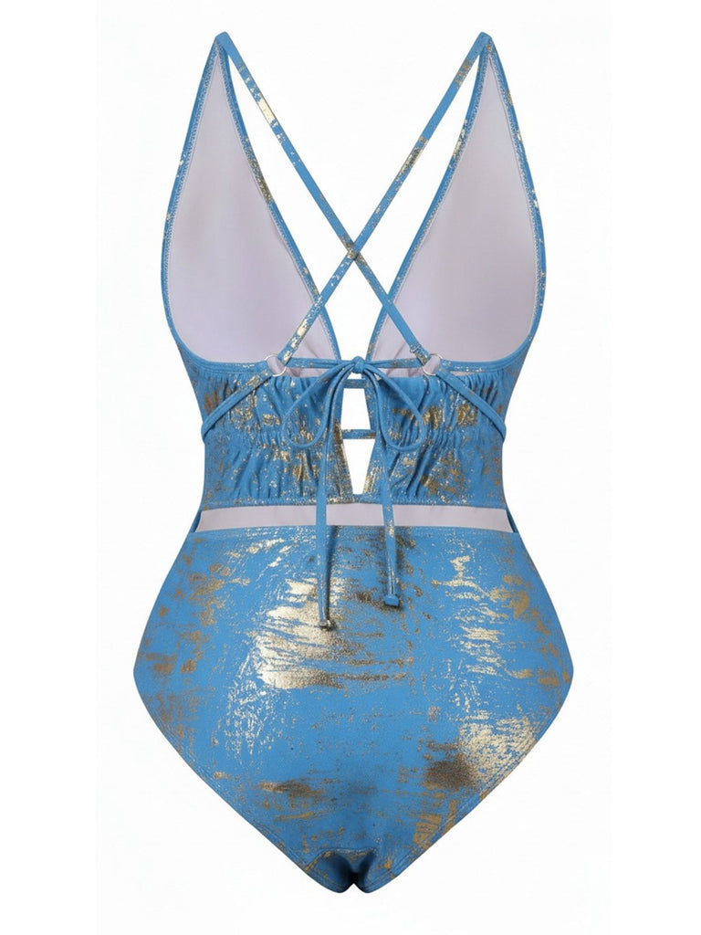 1970s Deep V Halter Distressed Textured One-Piece Swimsuit | vintage swimwear, retro swimsuit, pin-up style - perfect for retro fashion enthusiasts
