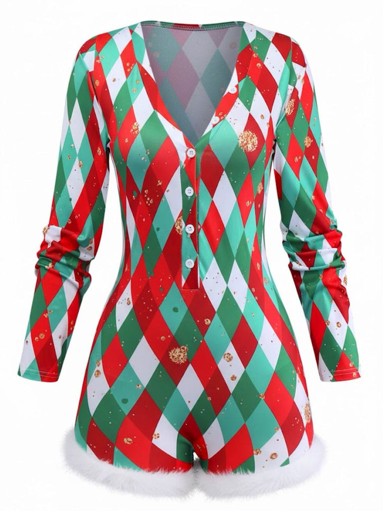 1970s Diamond Grid Christmas Raw Hem Romper - vintage jumpsuit, retro fashion