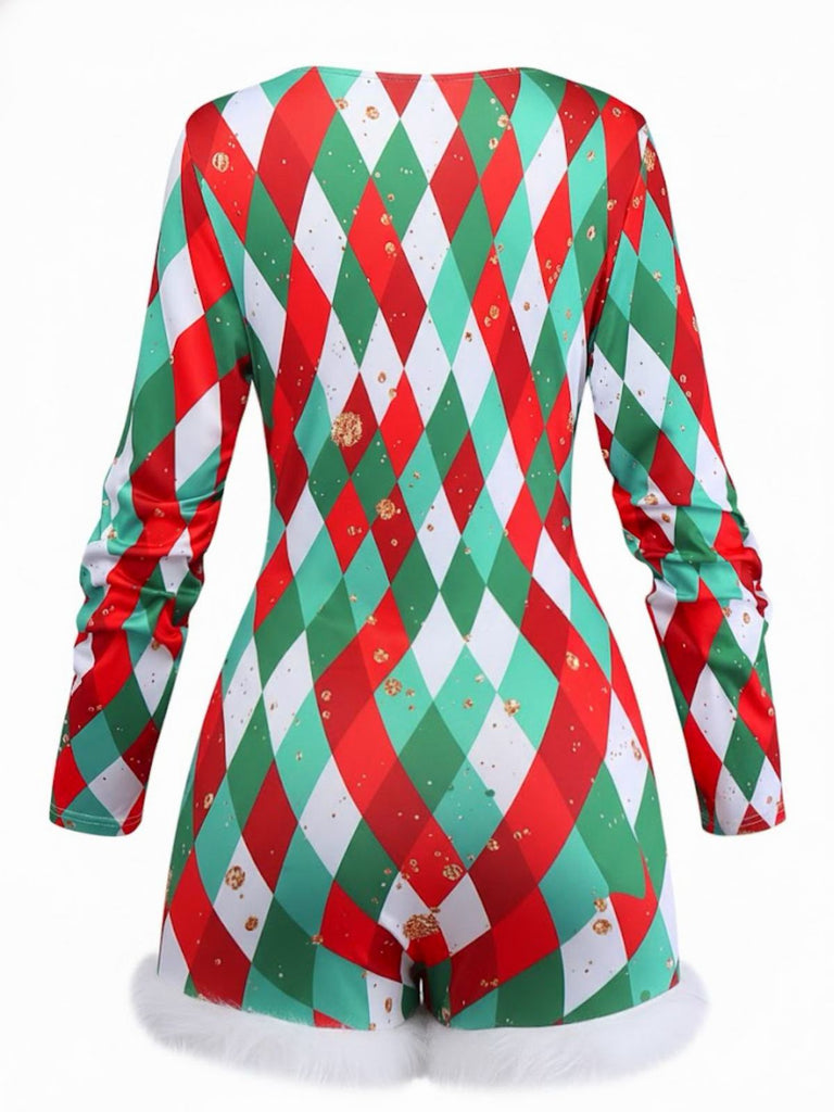 1970s Diamond Grid Christmas Raw Hem Romper - vintage jumpsuit, retro fashion