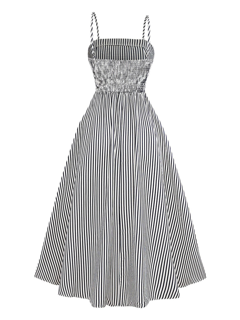 Black&White 1970s Striped Ruched Spaghetti Strap Dress - vintage dress, retro fashion, classic black