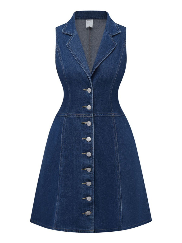 Deep Blue 1970s Denim Lapel Sleeveless Button Dress - vintage dress, retro fashion