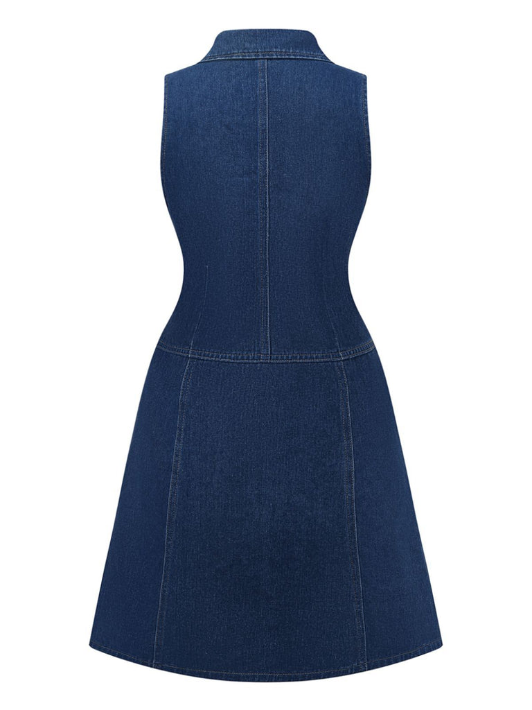 Deep Blue 1970s Denim Lapel Sleeveless Button Dress - vintage dress, retro fashion