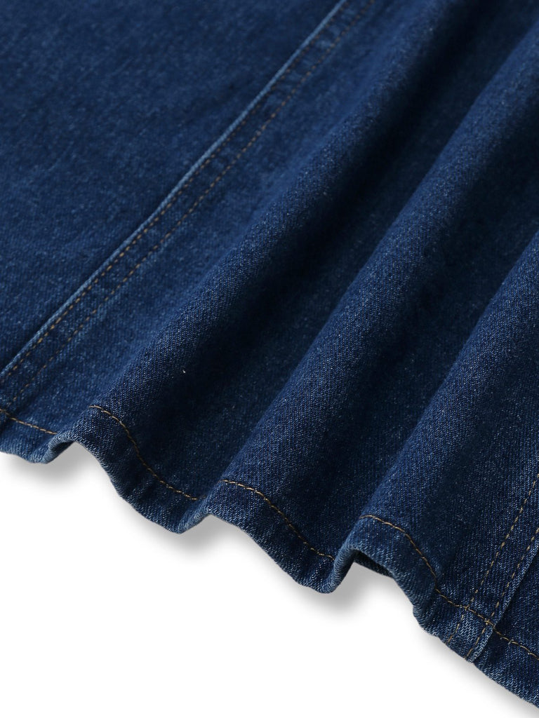 Deep Blue 1970s Denim Lapel Sleeveless Button Dress - vintage dress, retro fashion