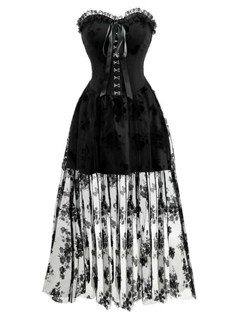 1970s Gothic Strapless Dark Bride Mesh Corset Dress - vintage dress, retro fashion