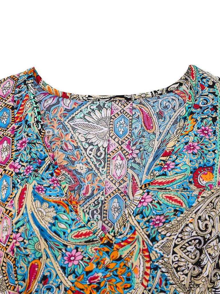 Multicolor 1970s Bohemian Paisley Floral Bell Sleeve Dress - vintage dress, retro fashion