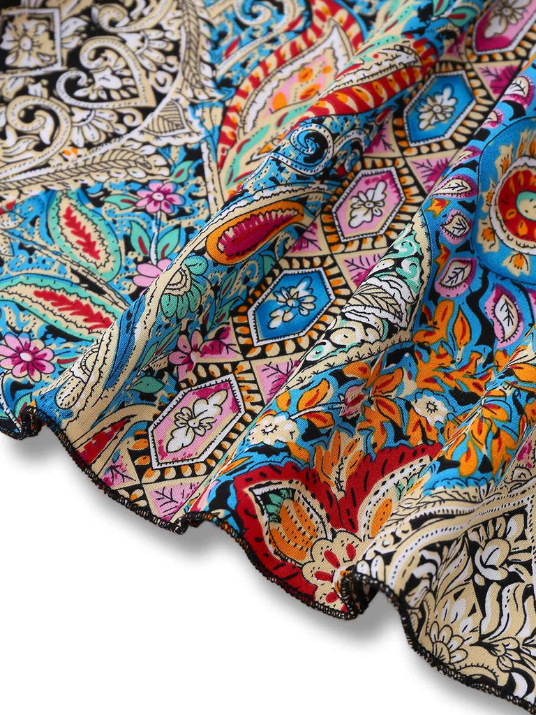 Multicolor 1970s Bohemian Paisley Floral Bell Sleeve Dress - vintage dress, retro fashion