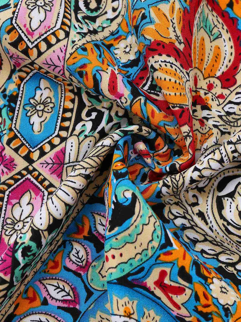 Multicolor 1970s Bohemian Paisley Floral Bell Sleeve Dress - vintage dress, retro fashion